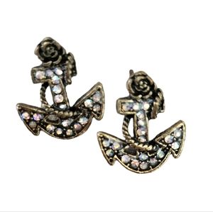Gold Rose Anchor Rhinestone Stud Earrings